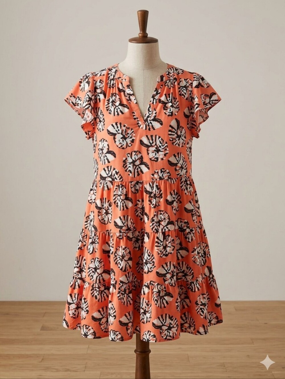 Anthropologie Shelbie Coral Seashell Tiered Mini Dress Sz MP